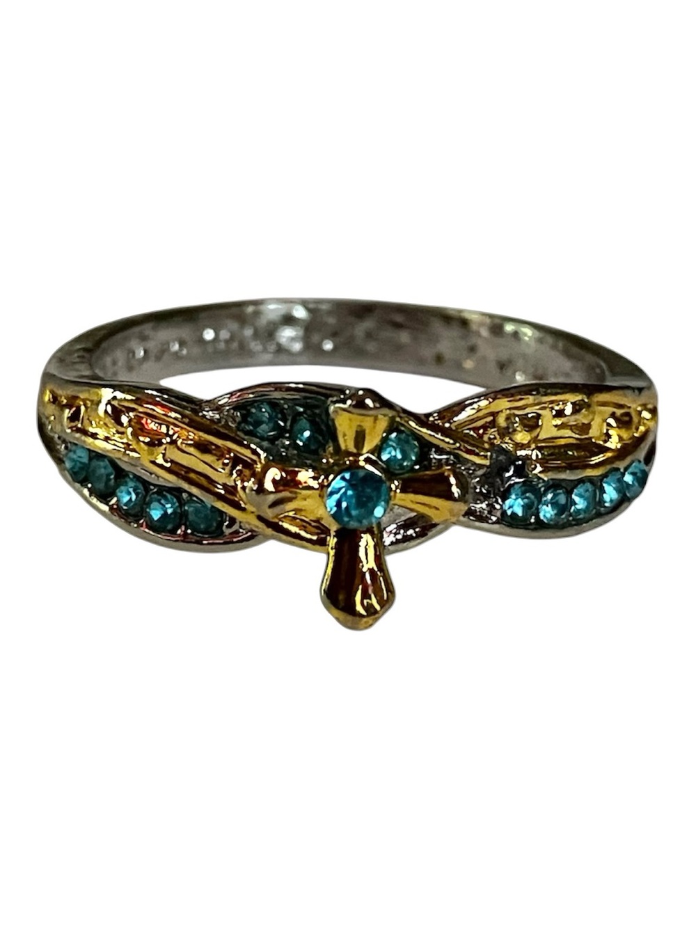 NWT 925 Silver Plated Cross Ring Gold Highlights & Blue Crystals New